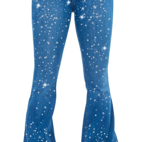 GJG Denim Galaxy Rhinestone Bell Bottom Jean in Medium Wash Denim -34" Inseam - Picture 1 of 4